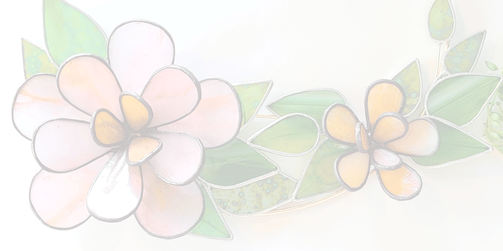 pink and orange flowers with green leaves stained glass by glimpse glass