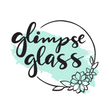 glimpse glass logo - hoop with text and flowers, teal watercolor splash with glimpse glass written